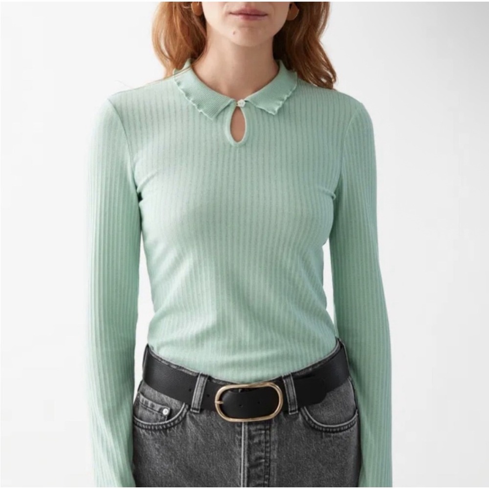 & Other Stories Lettuce Collar Rib Top Mint Green Small Keyhole Coquette Preppy